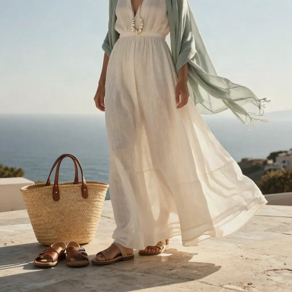Abito in lino avorio con borsa di paglia, sandali e scialle su terrazza mediterranea.