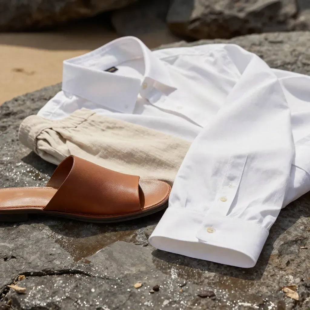 Camicia resort su pietra bagnata con lino e sandalo in pelle, luce marina radente.
