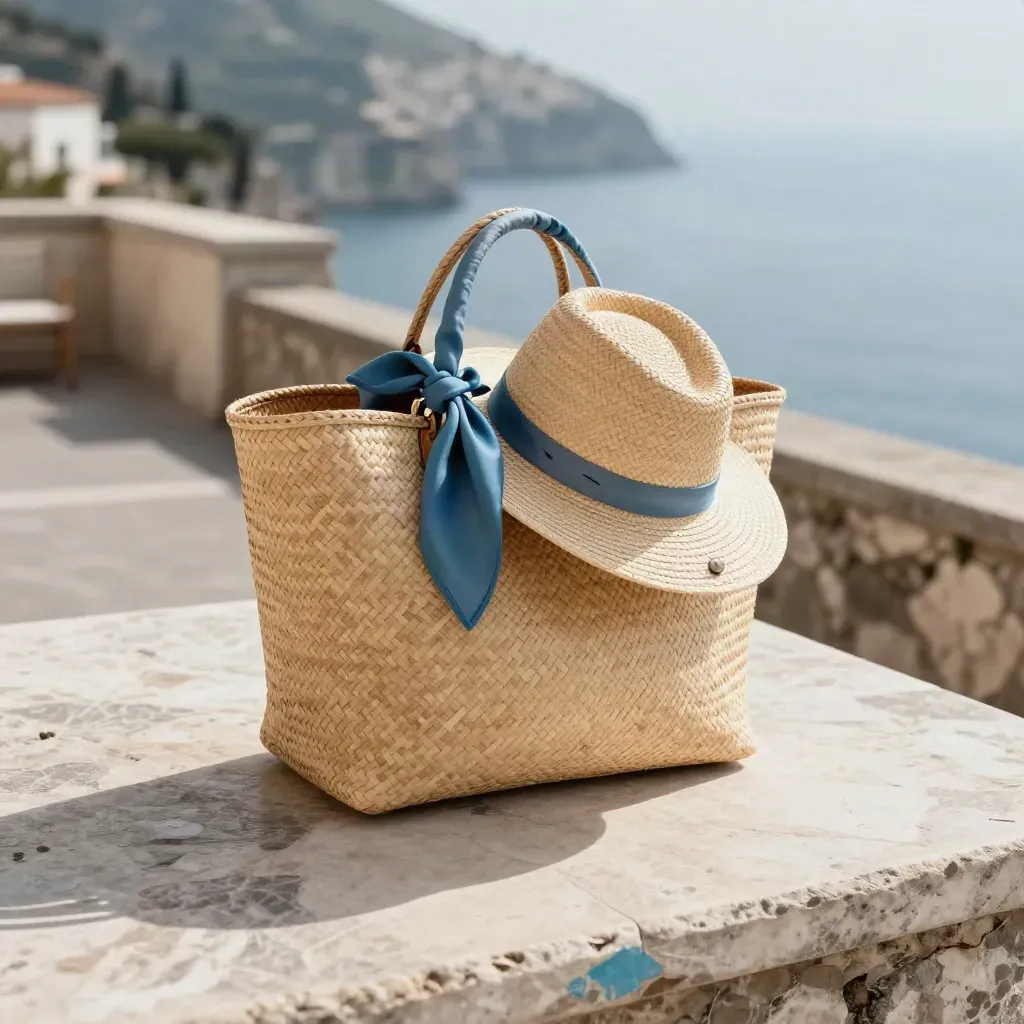 Borsa di paglia con foulard azzurro su pietra, luce morbida mediterranea
