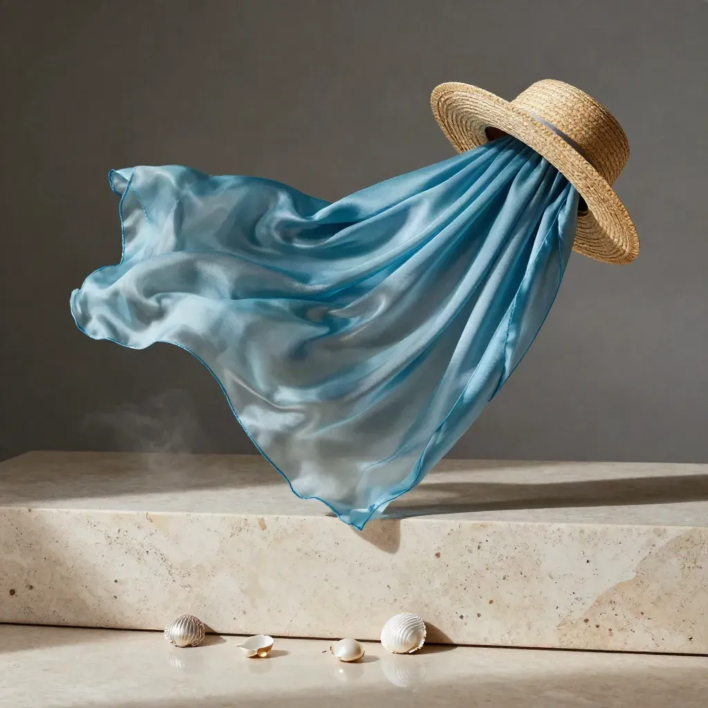 Sciarpa seta marina blu con gioielli a conchiglia e cappello di paglia su travertino