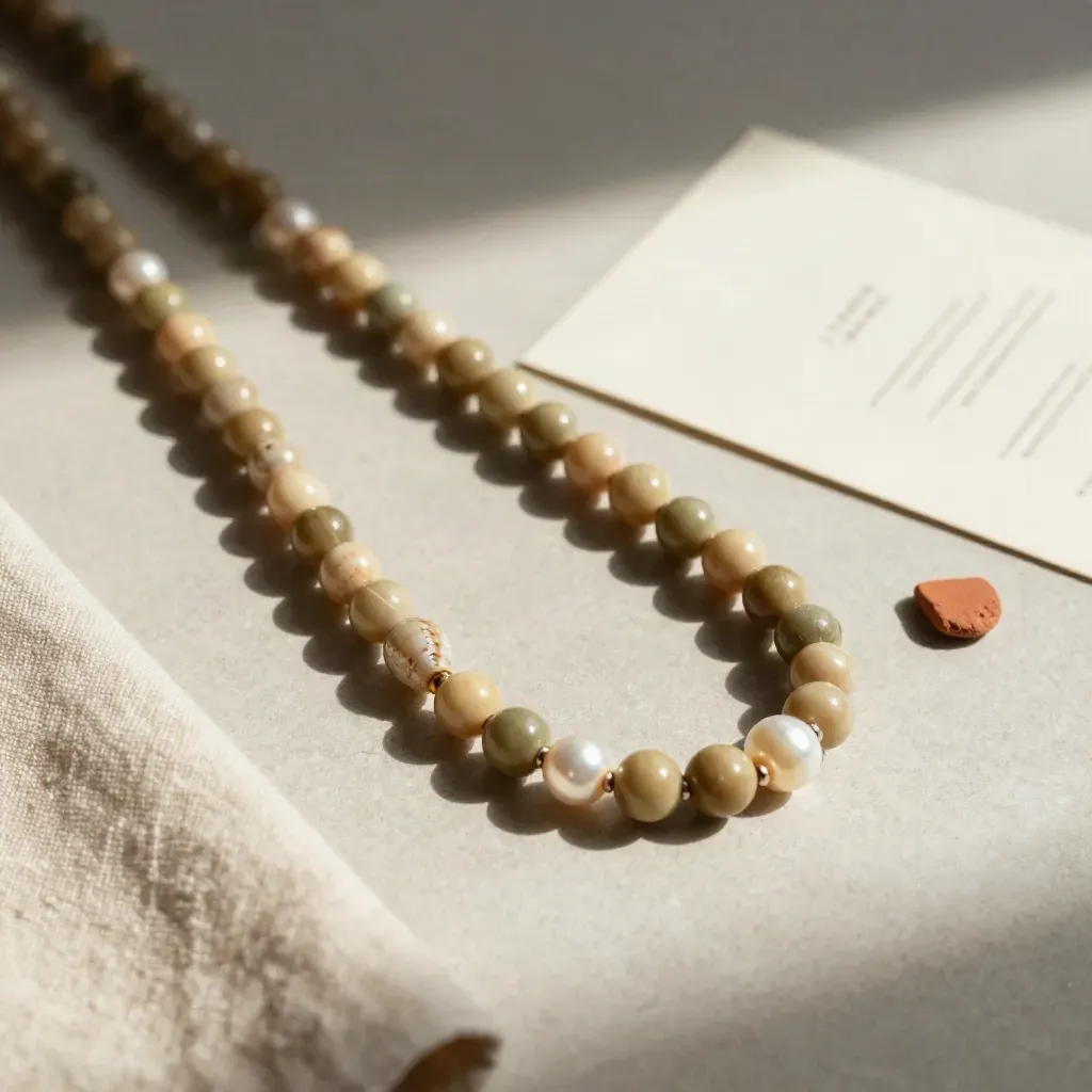 Collana conchiglia in macro dall’alto su lino piegato e pietra, luce morbida