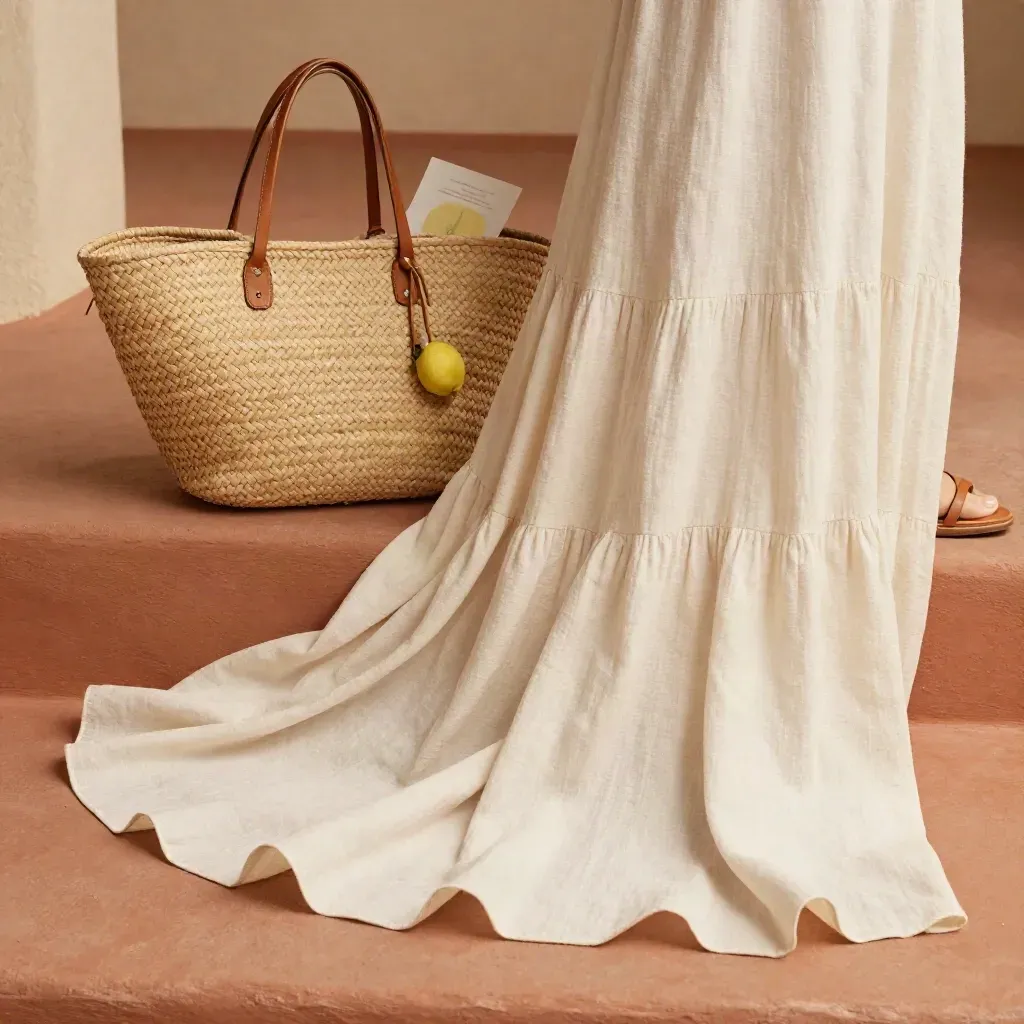 Abito midi in lino avorio con borsa e sandali su base terracotta, luce calda diagonale.