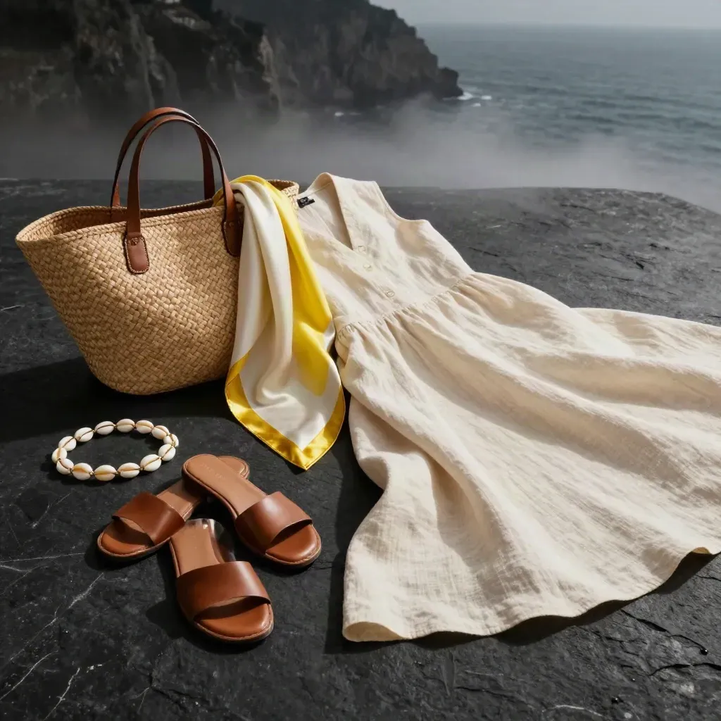 Abito avorio, sandali cognac, borsa intrecciata e sciarpa in composizione da viaggio.