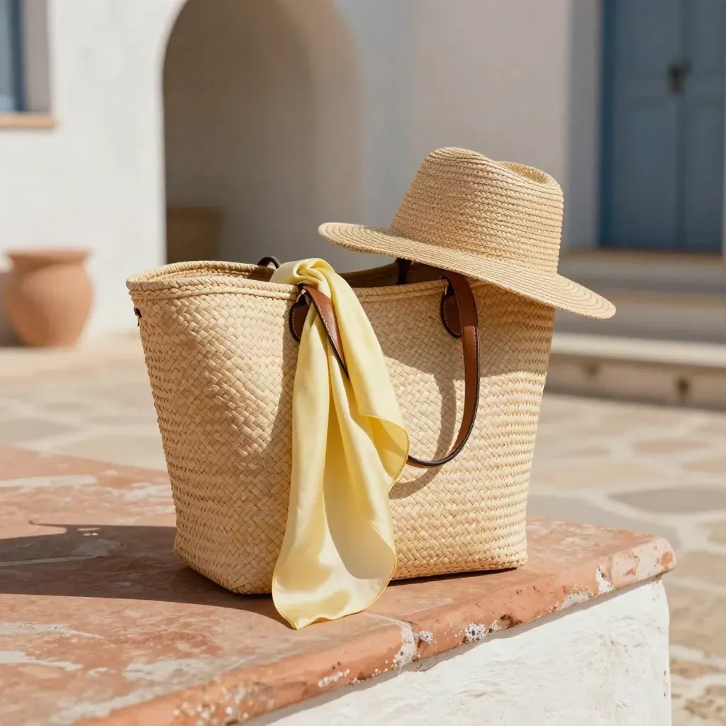 Borsa di paglia Capri aperta con interno in tela, sciarpa e cappello su terrazza mediterranea.