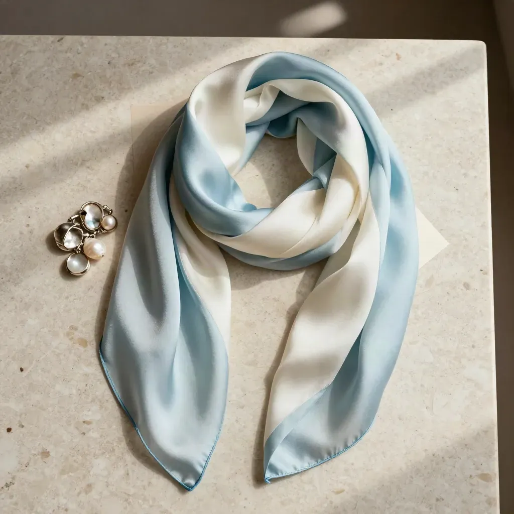 Scialle di seta azzurro e avorio con gioielli a conchiglia su lastra di travertino.