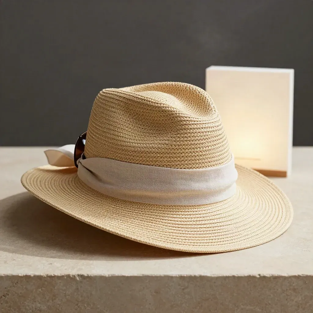 Cappello di paglia con banda in lino, occhiali e bordo di sciarpa su piedistallo chiaro.