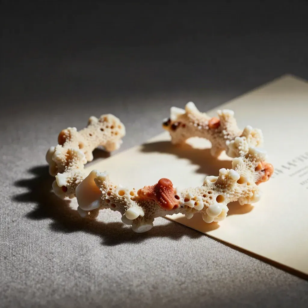 Bracciale di corallo su lino con frammento di conchiglia e luce dorata