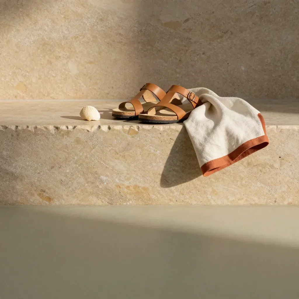 Sandali in pelle su travertino con conchiglia e lino, luce morbida e atmosfere mediterranee.