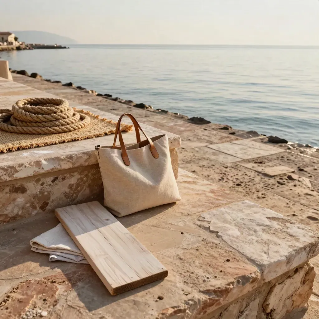 Terrazza in pietra sul porto con corda, stuoia intrecciata e tavole chiare al sole.