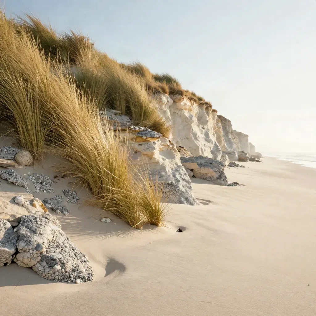 Erbe delle dune su scogliera chiara e sabbia calma, luce estiva e foschia salmastra.